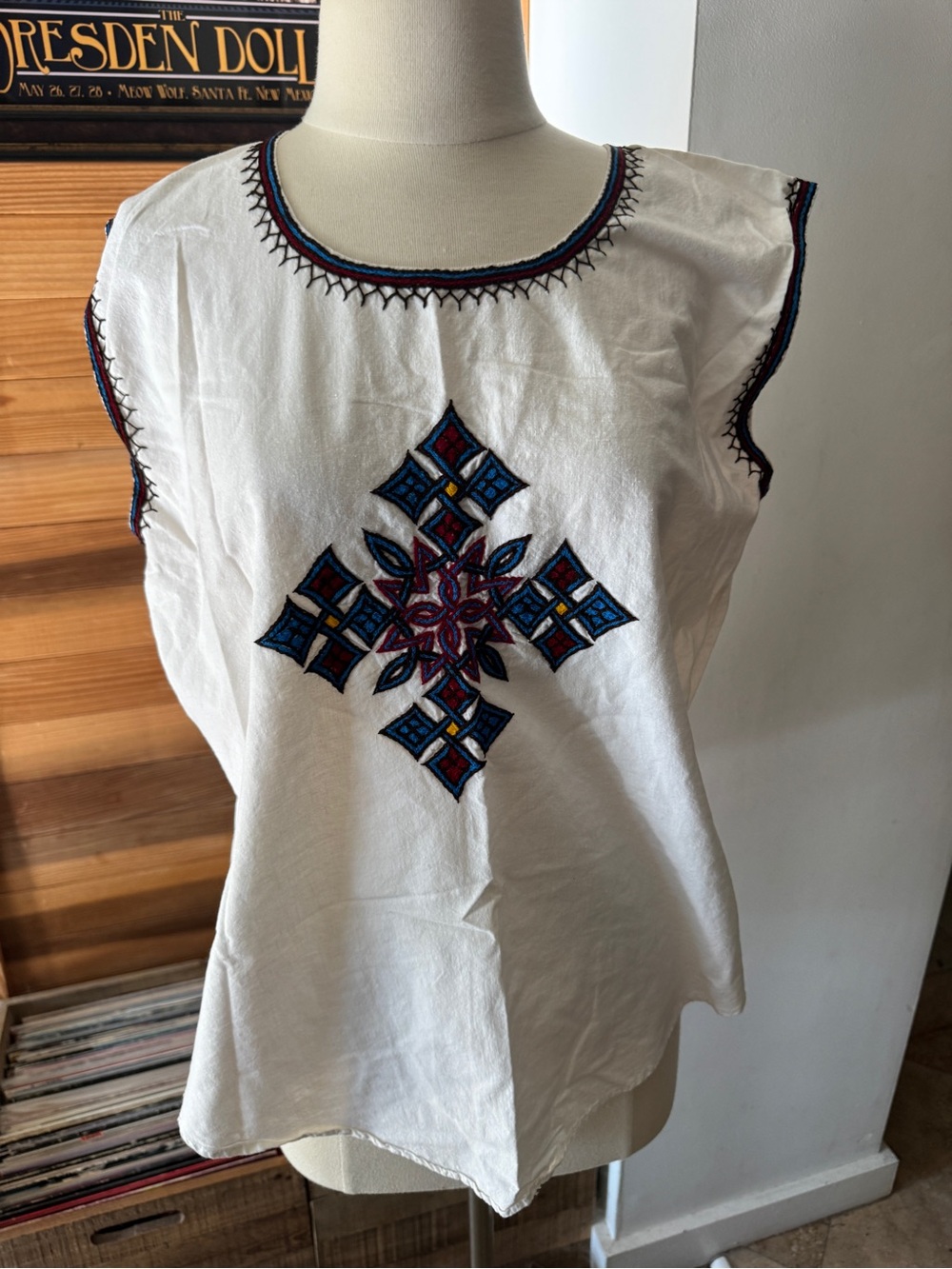 White Embroidered Sleeveless Camisole with Blue and Maroon Accent